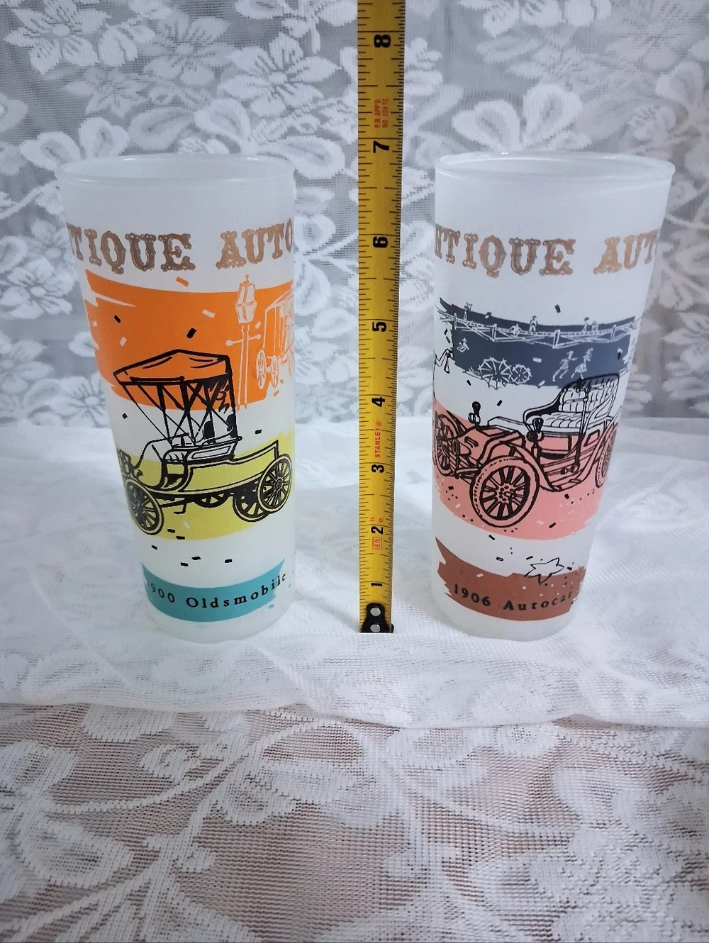 Vintage Anchor Hocking Antique Autos Glasses Highball Tall Drinking Barware Pair
